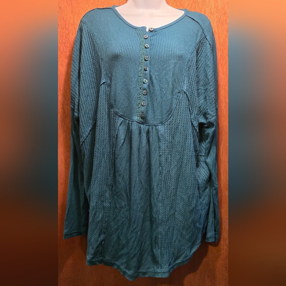 Free People women's green/teal Button-Up waffle Top szM - Picture 2 of 8